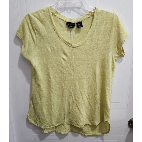 Tahari Women's Short Sleeve V Neck Pullover Top Asymmetrical Green Linen Sz M - Picture 1 of 9
